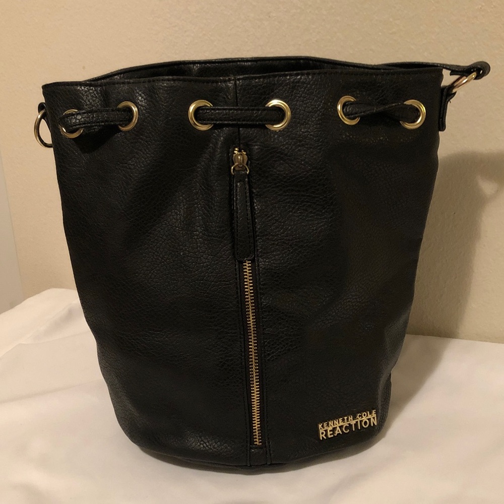 Kenneth Cole Reaction Black Leather Bucket / Backpack Tote with Gold Accents